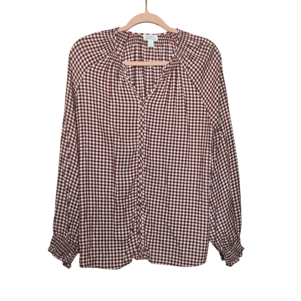 Market & Spruce Womens XL Red Brown Gingham Button Front Blouse Smocked Cuff